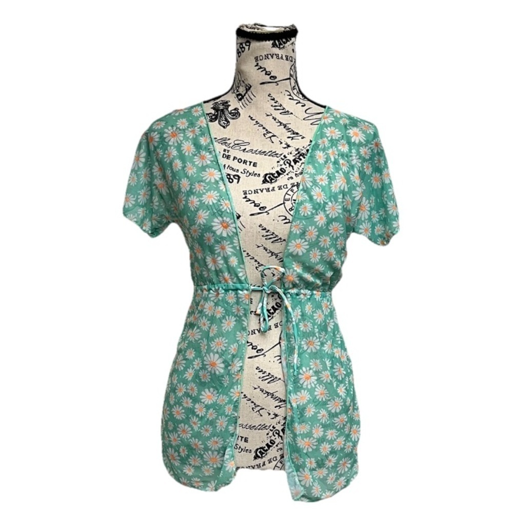 Retro Daisy Mesh Sheer Tie-Front Cardigan XS Green Floral Short Sleeve 70s 80s - Picture 2 of 7